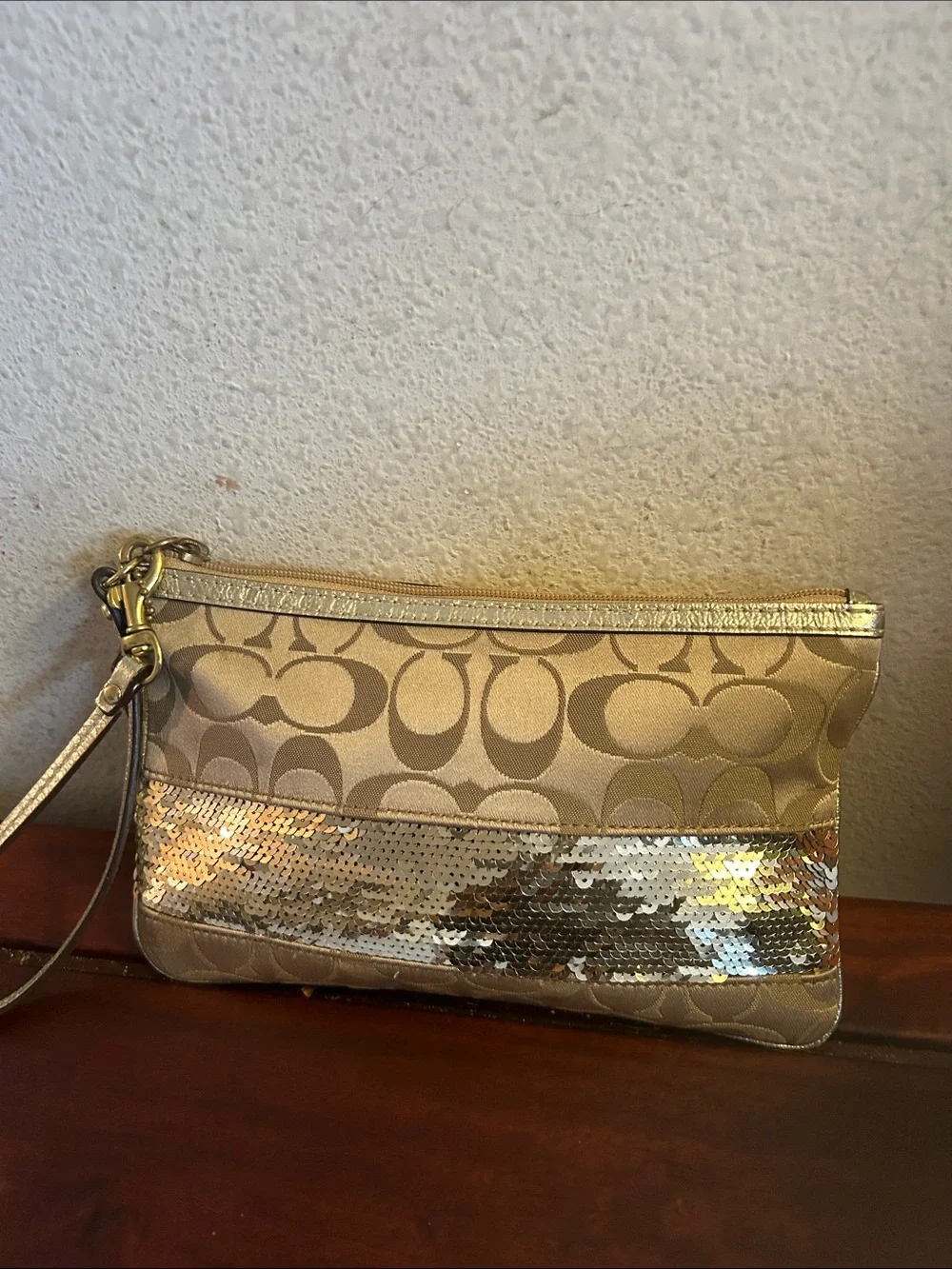 Coach Gold Signature Sequin Clutch Wristlet